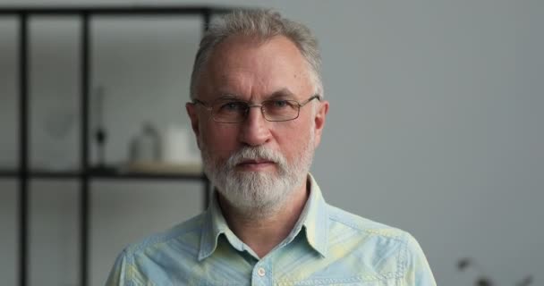 Headshot portrait confident grey haired older age man in glasses - 映像、動画