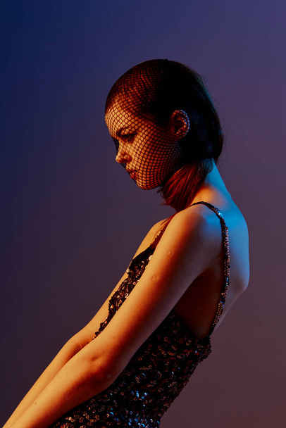 young woman mesh face shiny dress fashion isolated background - Foto, Imagem