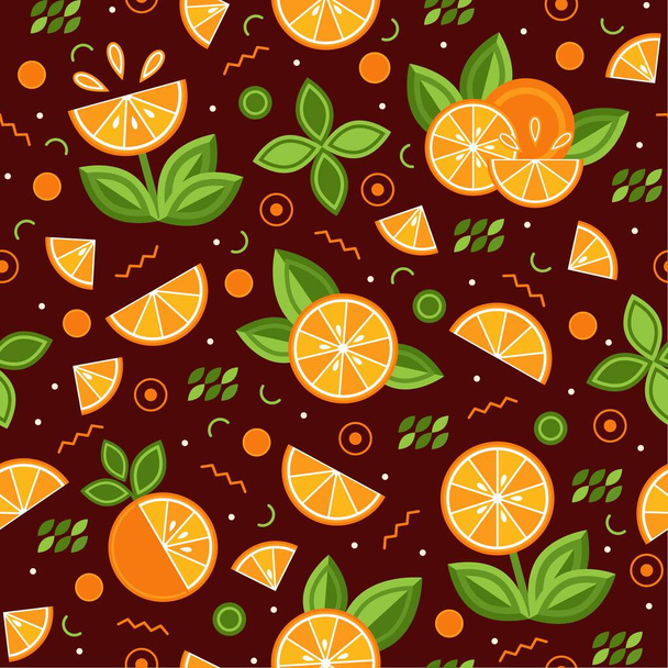 Seamless background with orange slices, memphis geometric elements. Flowers made of orange slices. Good for branding, decoration of food packaging, cover design, decorative print, textile - Vektor, obrázek
