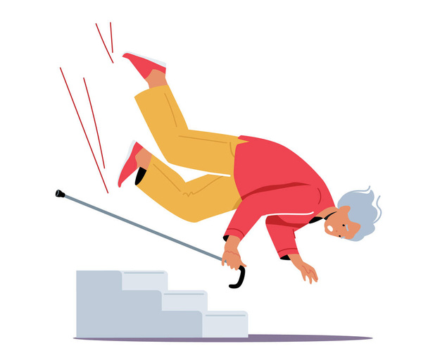 Senior Γυναίκα Χαρακτήρας με τα πόδια από ζαχαροκάλαμο ολίσθηση στις σκάλες που υπάγονται στο έδαφος, ηλικιωμένη γυναίκα αδεξιότητα, Τραυματισμός - Διάνυσμα, εικόνα