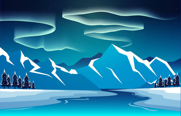 Beautiful Aurora Borealis Sky Light Snow Mountain River Polar Landscape Illustration - Vector, Image