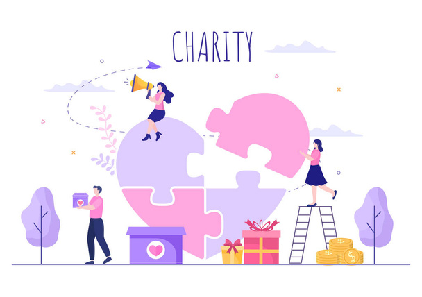 Love Charity o Donazione Donazione tramite Volontariato Team ha lavorato insieme per aiutare e raccogliere donazioni per poster o banner in Flat Design Illustrazione - Vettoriali, immagini