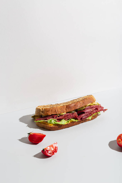 Big italian sandwich. Salami sandwich on grey - Fotoğraf, Görsel