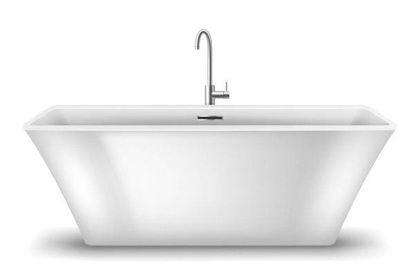 Moderna vasca da bagno in ceramica bianca da bagno interno con rubinetto isolato. Elegante vasca da bagno in acrilico - Vettoriali, immagini