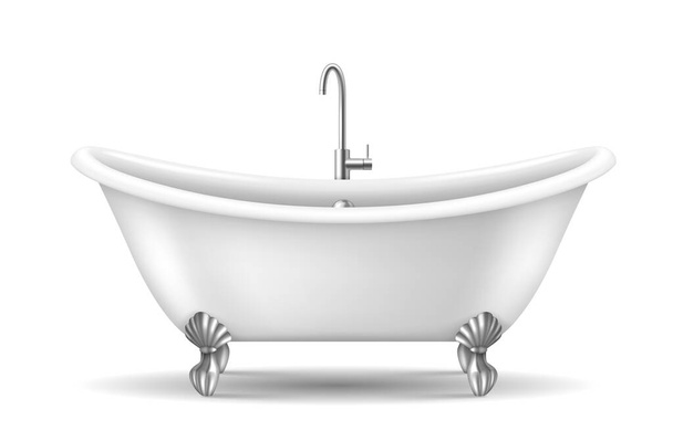洗面所のインテリアのためのヴィンテージ浴槽。レトロな爪足とバスルームのための蛇口とスタイリッシュな浴槽 - ベクター画像