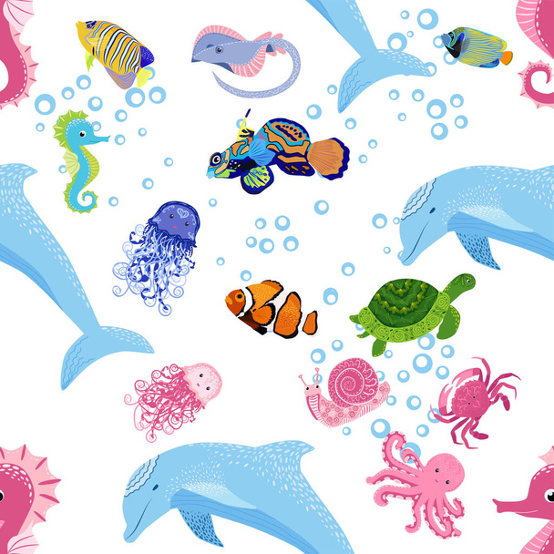 Marine life, fish, animals bright seamless pattern. sea travel, underwater diving animal tropical fish. Jellyfish, whale, shark, seahorse, clown fish, dolphin, turtle emperor fish octopus stingray - Vector, Imagen