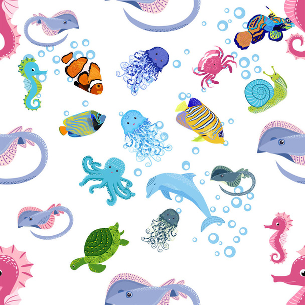 Marine life, fish, animals bright seamless pattern. sea travel, underwater diving animal tropical fish. Jellyfish, whale, shark, seahorse, clown fish, dolphin, turtle emperor fish octopus stingray - ベクター画像