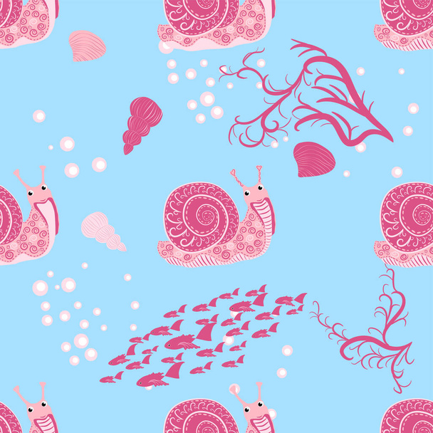 Snail pink, sea inhabitants seamless pattern, beautiful character among seashells, seaweed, starfish, sea animals of wildlife. - Vecteur, image