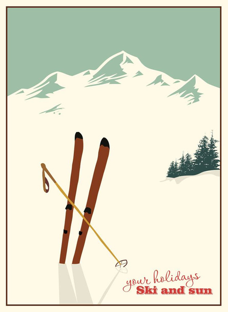 Cartel de esquí de invierno vintage. Esquí alpino con palos que sobresalen sobre un fondo de montañas nevadas. - Vector, imagen