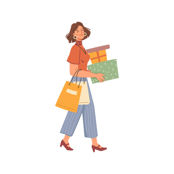 Female carrying shopping bags, boxes and purchases - Διάνυσμα, εικόνα