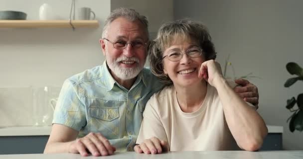 Headshot portrait bonding aged spouses talking to grandkids in videochat - Filmagem, Vídeo