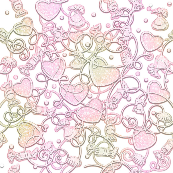 Background is seamless pink with hearts. Wedding texture. Romantic drawing  Valentine's Day. Template for printing on fabric, packaging and Wallpaper.Brilliant pattern for Christmas and Easter. - Foto, Imagen
