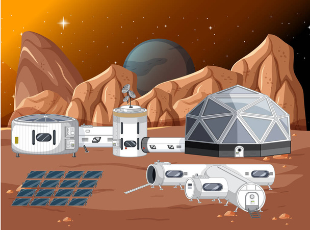 Stazione spaziale sul pianeta paesaggio illustrazione - Vettoriali, immagini