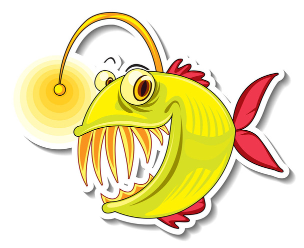 Anglerfish balık çizgi film çıkartması çizimi - Vektör, Görsel