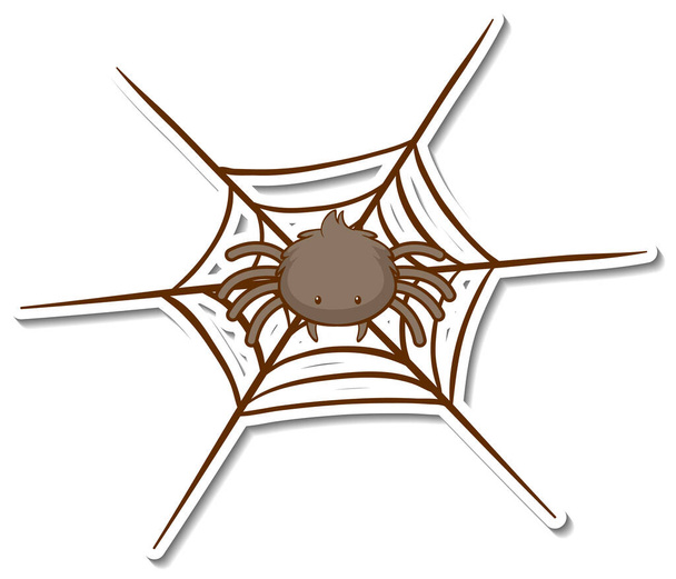 Sticker cute spider on web on white background illustration - Вектор,изображение