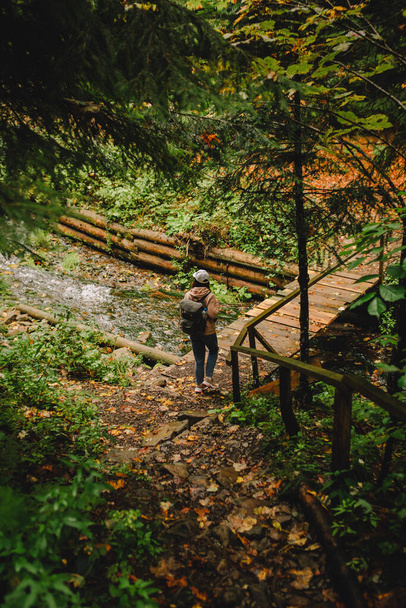 donna escursionista sorridente a piedi da autunno foresta strada spazio copia - Foto, immagini
