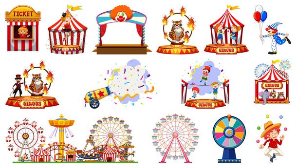 Set of circus characters and amusement park elements illustration - Vector, Image