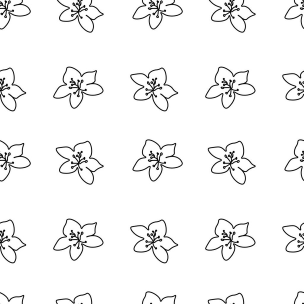 Бесшовный векторный рисунок с чёрной линией сакуры на прозрачном фоне. Весенний, ботанический, азиатский принт в стиле doodle hand drag.. - Вектор,изображение