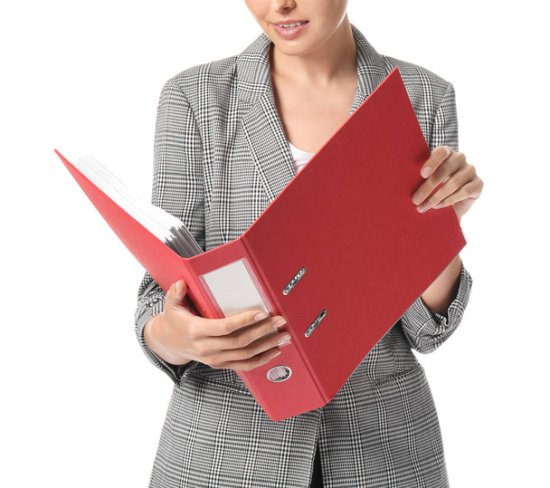Beautiful young woman with folder on white background - Photo, Image