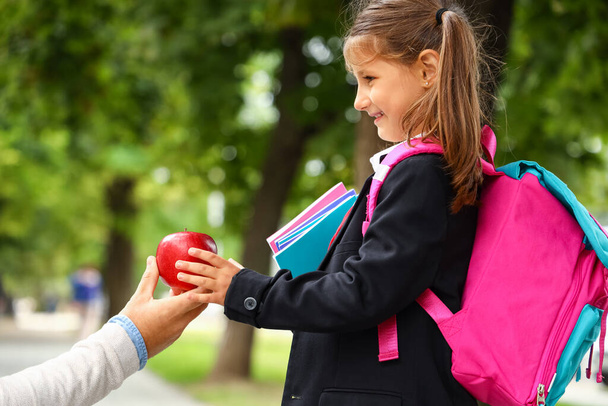 Man giving his little daughter an apple before school - Zdjęcie, obraz