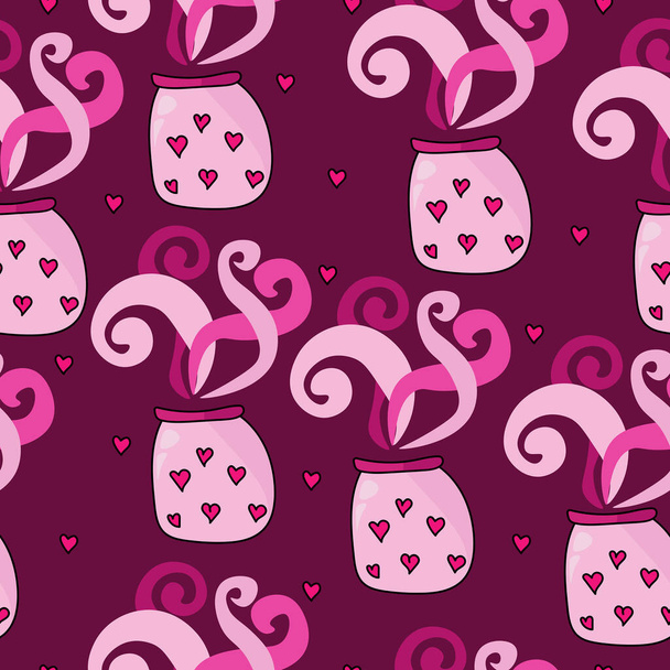 Jar with hearts seamless pattern, ornate curls and containers for Valentines day on a dark pink background vector illusration - Vector, Image