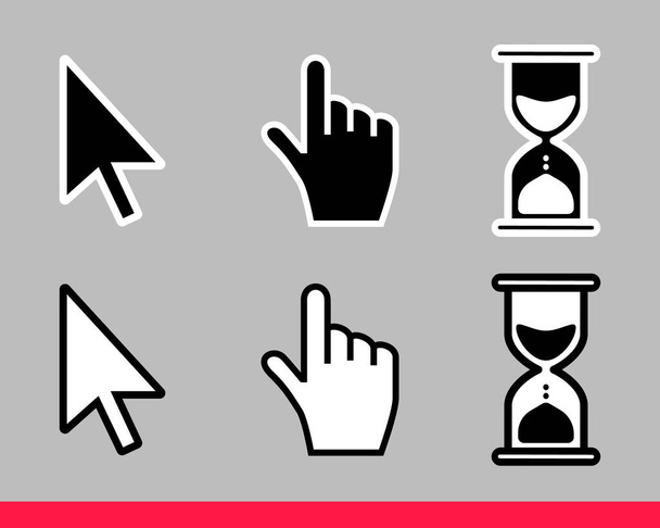 Pointer hand, pijl en zandloper laden klok muis cursors pictogram teken - Vector, afbeelding