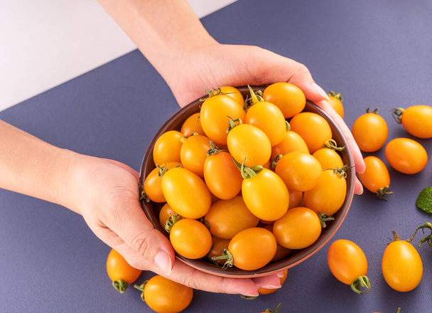 Fresh cherry tomatoes in a wooden bowl with a young woman is picking them with hand isolated on a blue background, close up, copy space - Foto, Imagen