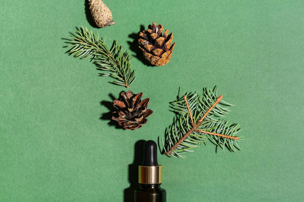 Composition with bottle of essential oil, fir branches and cones on green background - Φωτογραφία, εικόνα