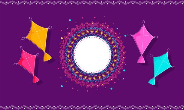 Empty Round Mandala Frame With Colorful Kites On Purple Background.  - Vector, afbeelding