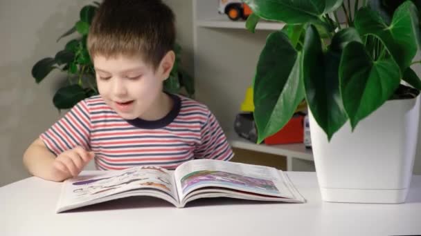 Un ragazzo felice di 4 anni guarda un libro con foto, mostra foto e nomi - Filmati, video