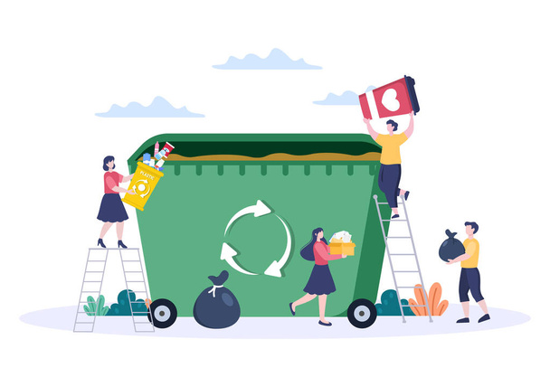 Processo di riciclo con rifiuti organici, carta o plastica per proteggere l'ambiente ecologico adatto per banner, sfondo e Web nell'illustrazione piatta - Vettoriali, immagini