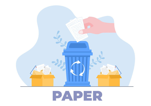 Prullenbak proces met prullenbak papier ter bescherming van de ecologie milieu geschikt voor banner, achtergrond, en web in platte illustratie - Vector, afbeelding