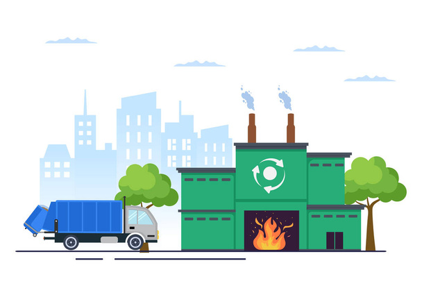 Recycling Ecology Process Flat Illustration Achtergrond met organisch afval, papier of plastic opgepikt op een vrachtwagen en tot verbranding gebracht - Vector, afbeelding