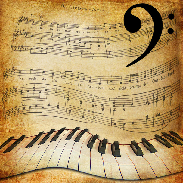 Warped piano and music sheet background - Photo, Image