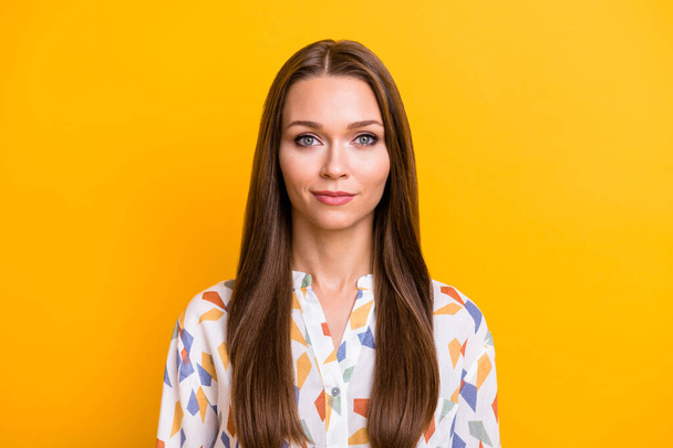 Photo of young attractive business woman happy smile confident smart isolated over yellow color background - Φωτογραφία, εικόνα