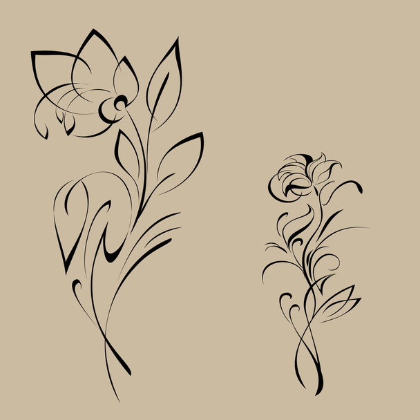two stylized flowers on the stems with leaves in black lines on a beige background - Vektor, obrázek