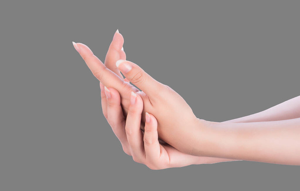 Beautiful and elegant woman hands isolated on standard neutral gray background, concept of applying moisturizing cream and body care, closeup. - 写真・画像