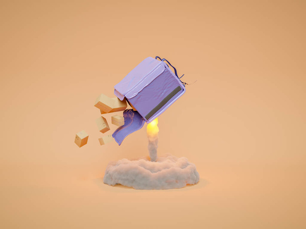 delivery backpack flying like a rocket and releasing shipping packages and fire. 3d rendering - Photo, Image