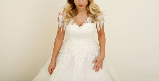 Bridal fashion. Beautiful blonde young bride. Studio shoot. - 写真・画像