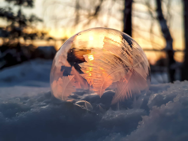 Macro shot van ronde, bevroren zeepbel vormen prachtige blad en boom-achtig patroon terwijl bevriezen in zeer koude temperaturen in de winter met mooie, gouden zonsondergang op de achtergrond - Foto, afbeelding
