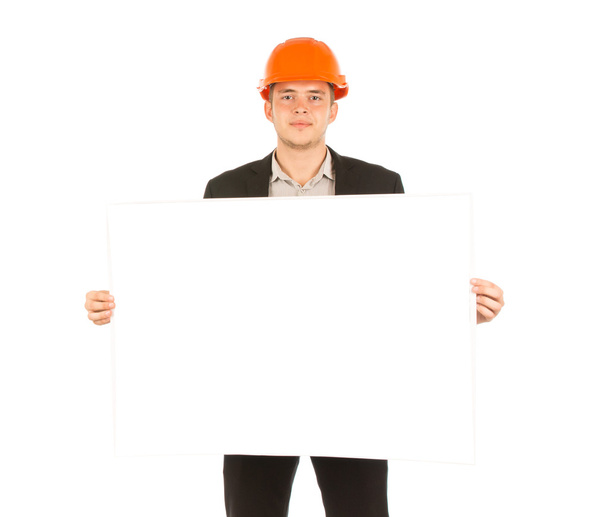 Caucasian Male Engineer Showing Blueprint Paper - Фото, изображение