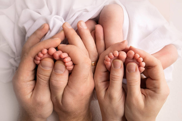 Ноги новорожденных близнецов. Две пары детских ножек. Родители, мать отца держат новорожденных близнецов за ноги. Закройте - пальцы ног, каблуки и стопы новорожденного. Новорожденные братья, сестры. - Фото, изображение