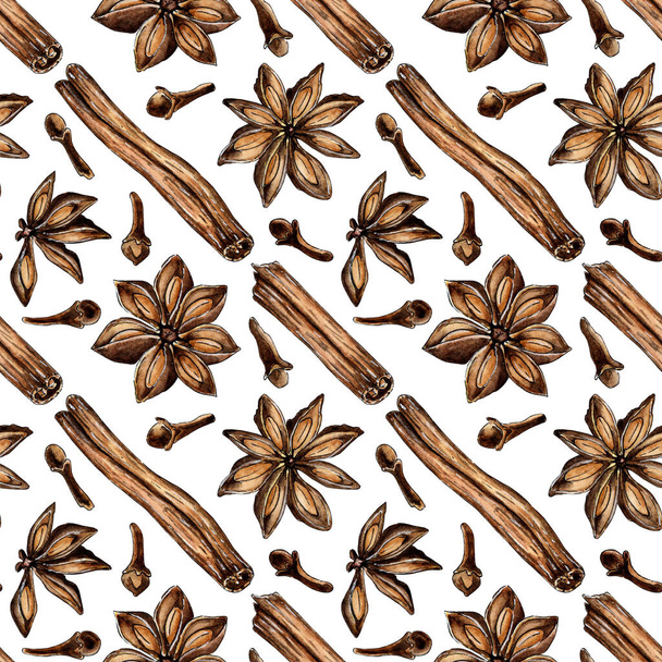 Watercolor painting pattern of spices with stars, cinnamon sticks and cloves. Seamless repeating print with cinnamon bark and spice flowers. A fragrant ingredient for baked goods or coffee. Isolated on white. - Vector, Image