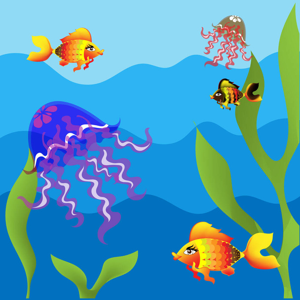Colorful jellyfish and fish in blue water with green algae - Vector, imagen