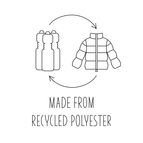 Realizzato in 100 poliestere riciclato - concetto di cappotto sostenibile, giacca, tessuto ecologico, imballaggio di abbigliamento. Illustrazione stock vettoriale isolata su sfondo bianco per set di etichette di design. EPS10 - Vettoriali, immagini