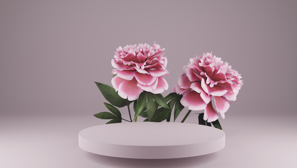 3D renderização rosa flor fundo cor-de-rosa com forma geométrica pódio para exibição do produto, conceito mínimo, ilustração Premium pastel elementos florais, beleza, cosmético, dia dos namorados. - Foto, Imagem