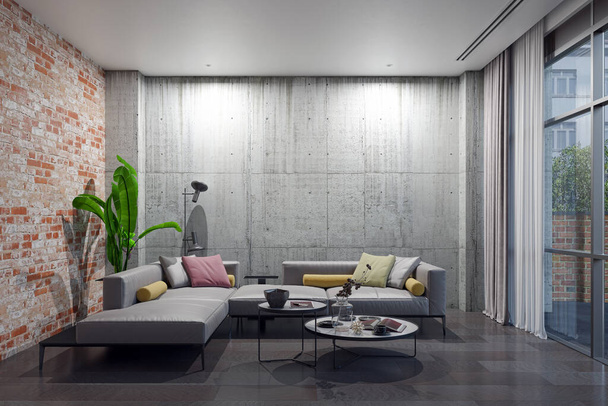 Ilustrace 3D vykreslování velké luxusní moderní světlé interiéry Obývací pokoj mockup počítač digitálně generovaný imag - Fotografie, Obrázek