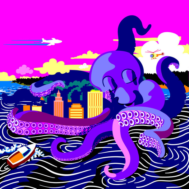 smiling monster octopus hugging a city - Photo, Image