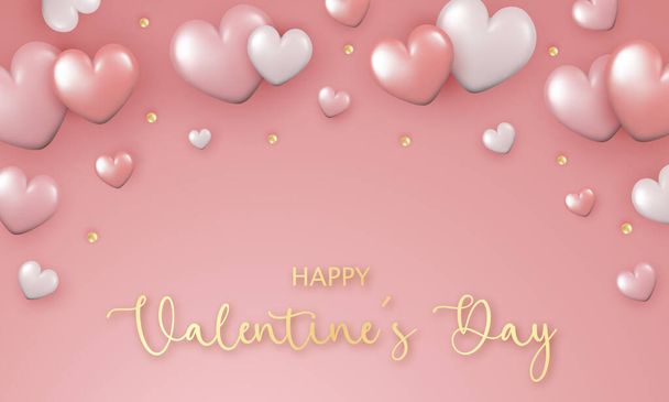 Greeting card for Valentine's Day, Mother's Day, Women's Day, Wedding. 3d realistic shiny hearts on a pink background. Vector illustration. - Vector, Image