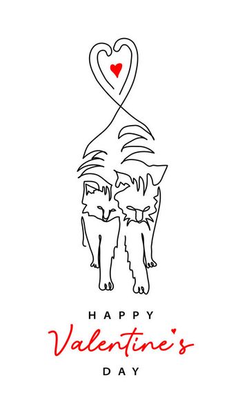 Two cats with tails in shape of heart. Happy Valentine s day simple minimal vector greeting card design. One continuous line art drawing of cats couple - Vector, afbeelding